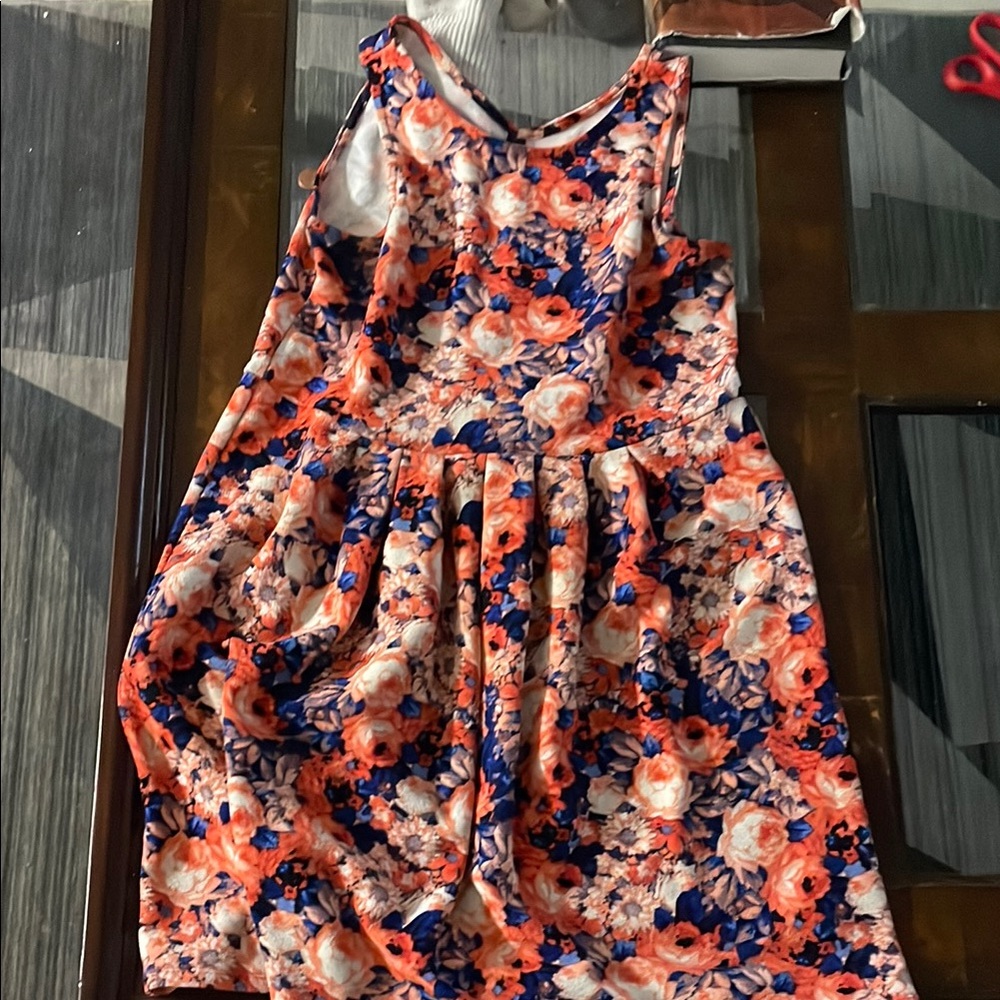 Floral Kids Dress - Orange and Blue